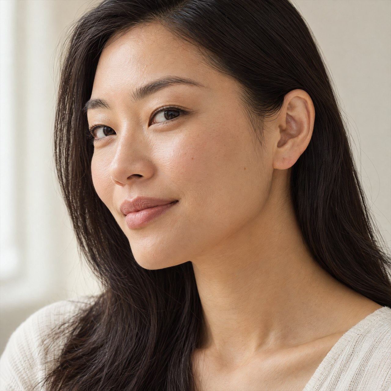 Fictional AI-generated adult portrait with a visible ear.